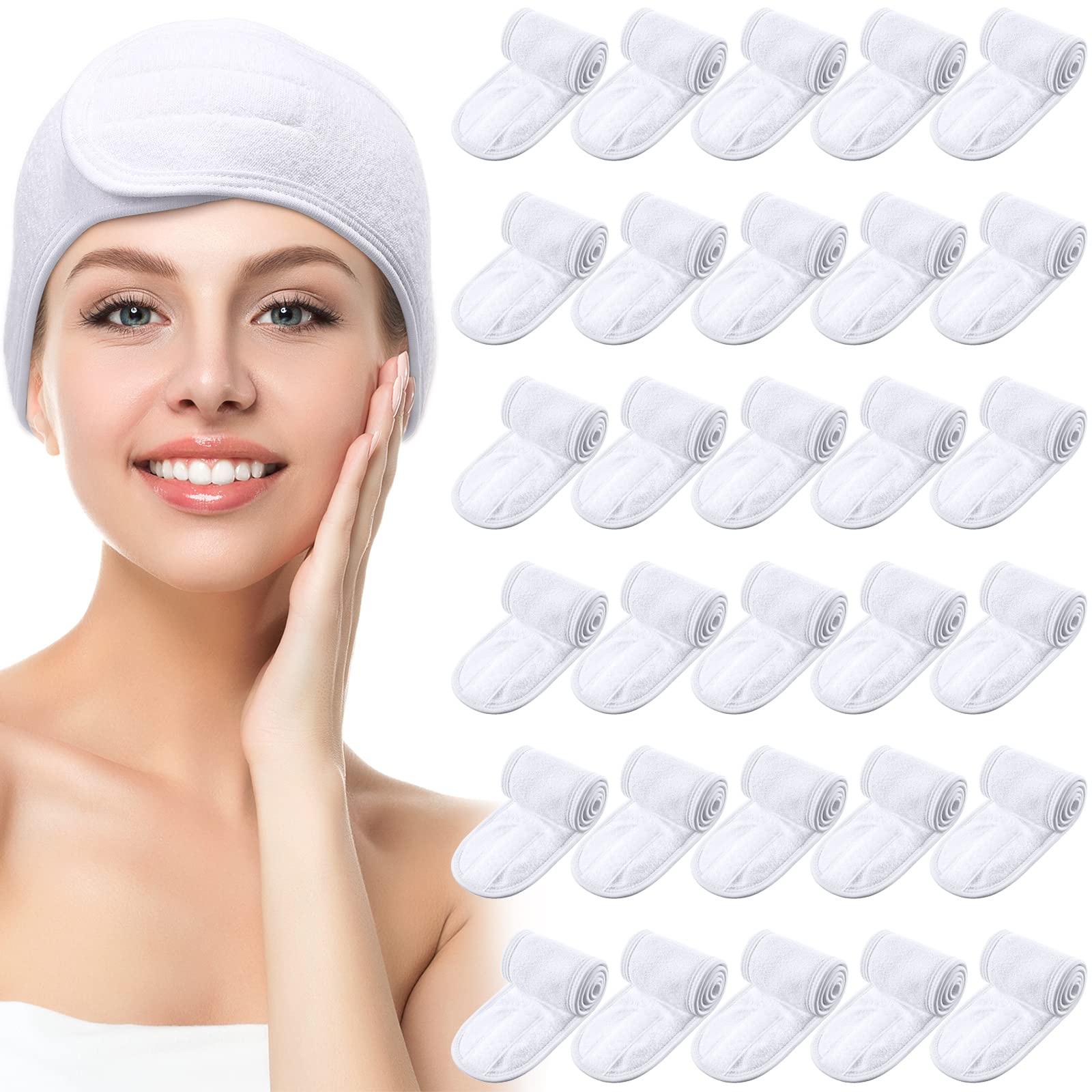 Photo 1 of Hoteam 30 Pack Spa Headband Facial Esthetician Hair Wrap for Women Adjustable Makeup Sports Shower Stretch Towel with Tape(White)