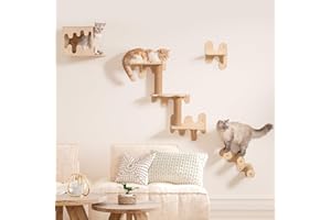 Mewoo Cat Wall Shelves, Wooden Wall Furniture, Stable Steps, House and Perch for Wall Mounted, Cat Climbing Shelves Ladder for Most Kittens & Adult Cats, Set of 4, Beige
