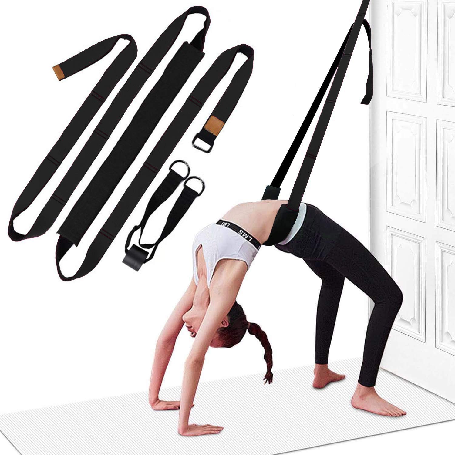 Waist Back Bend Assist Trainer, Door Flexibility & Yoga Stretching Leg Stretcher Strap w/Door Anchor, Ligament Back Posture Corrector Workout Pilates Ballet Dancing Gymnastics Cheerleading (black)