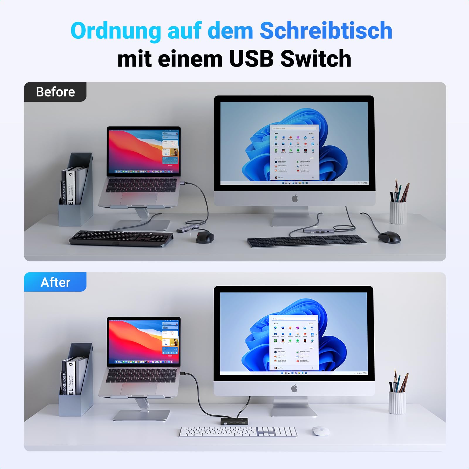 UGREEN 4 Ports USB Switch für 2 PC 2 in 4 Out USB Umschalter für Maus, Tastatur, Scanner, Drucker, Stick, Festplatte kompatibel mit Windows, Mac OS 8.6 und höher, 2 USB Kabel 4