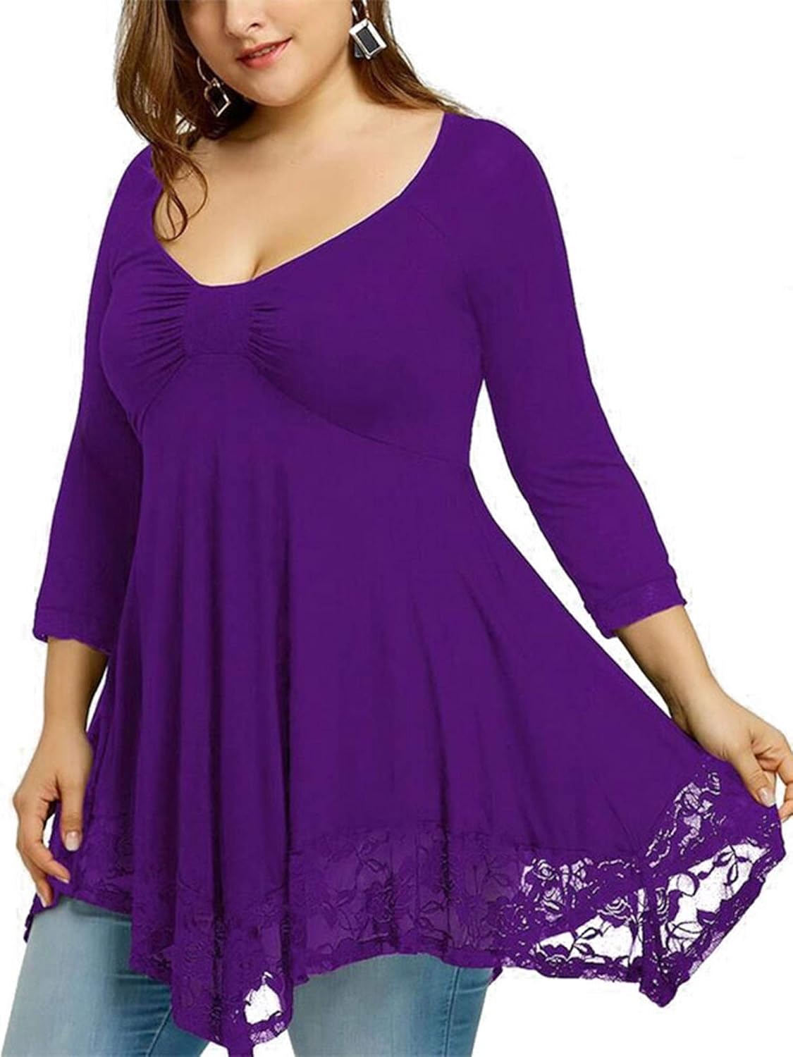 Women Plus Size Floral Lace Long Shirt Dress Irregular Hem Ladies Loose