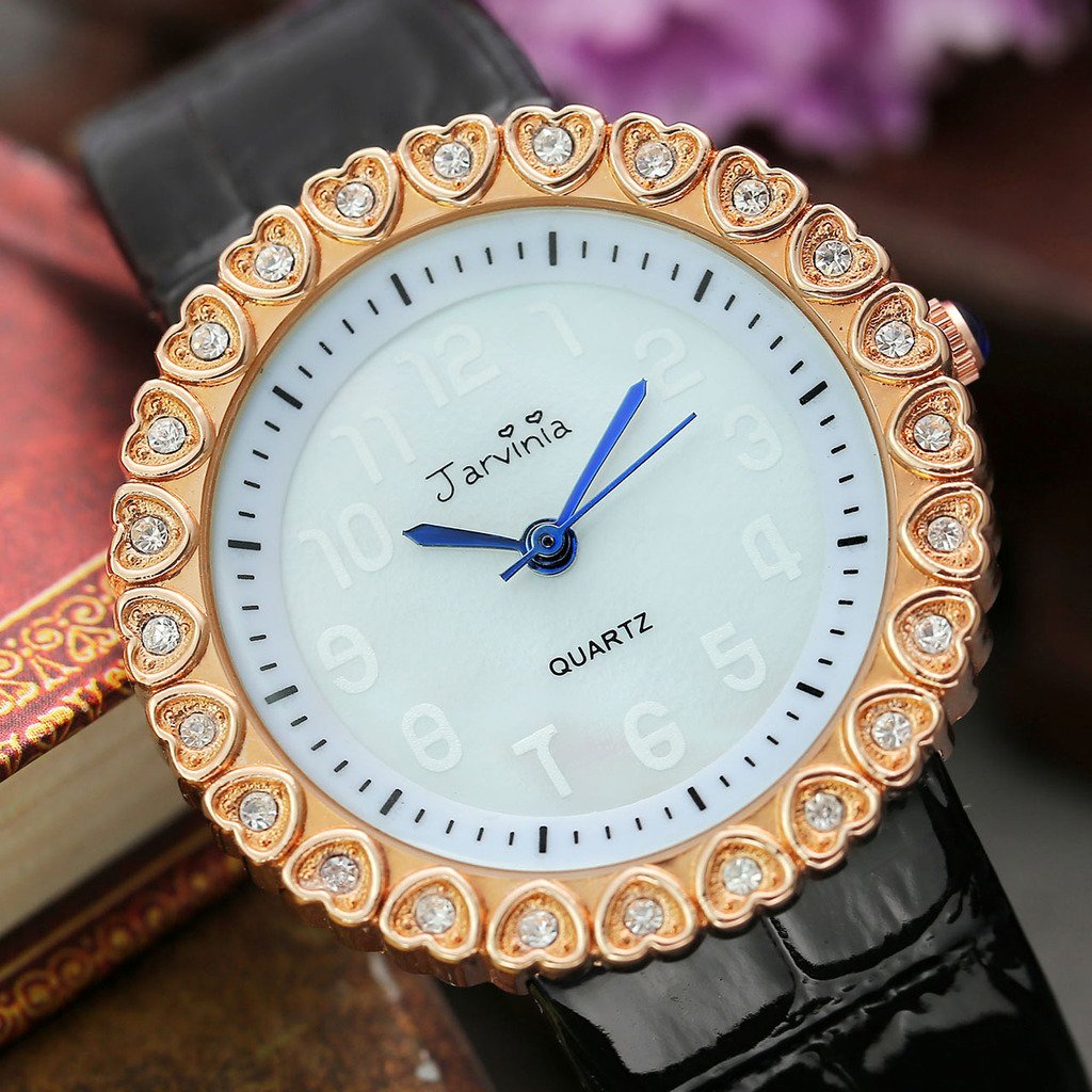 JSDDE Uhren,Elegante Frauen Armbanduhr Herz Strass Damenuhr mit Muschel Echtleder-Band Rosegold Analog Qaurzuhr,Schwarz