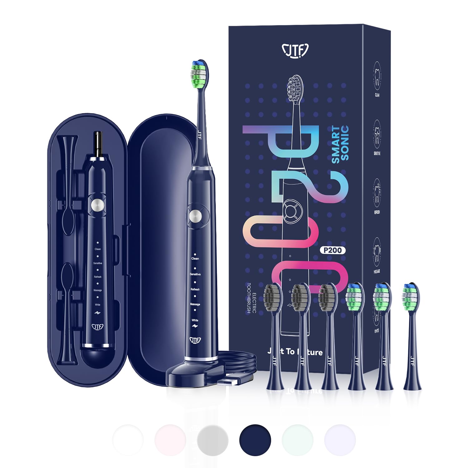 JTF Sonic Electric Toothbrush with 6 Brush Heads (2 Types) for Adults and Kids, Deep Clean Rechargeable Toothbrush, 5 Modes, 60 Day Battery & Timer, IPX7 Waterproof, Travel Case, Charging Base, Blue