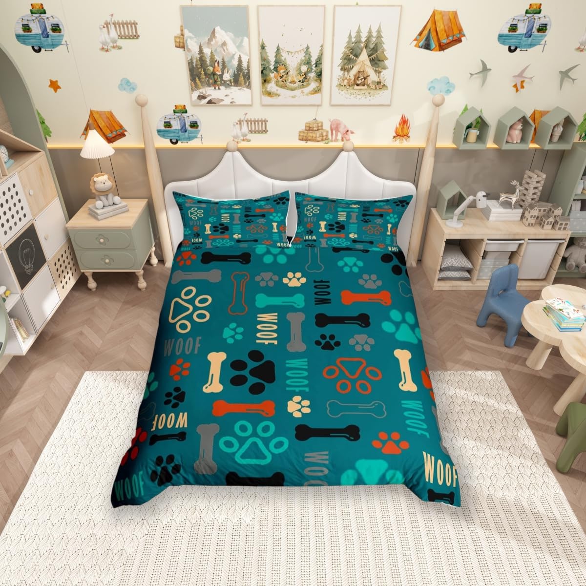 feelingyou Cute Dog Paw Print Duvet Cover Set Double Size,Puppy Dog Pets Lovers Style Comforter Cover with 2 Pillowcases,Bone Cartoon Animal Green Breathable Bedspread for Boys Teens Present, Soft — image 1