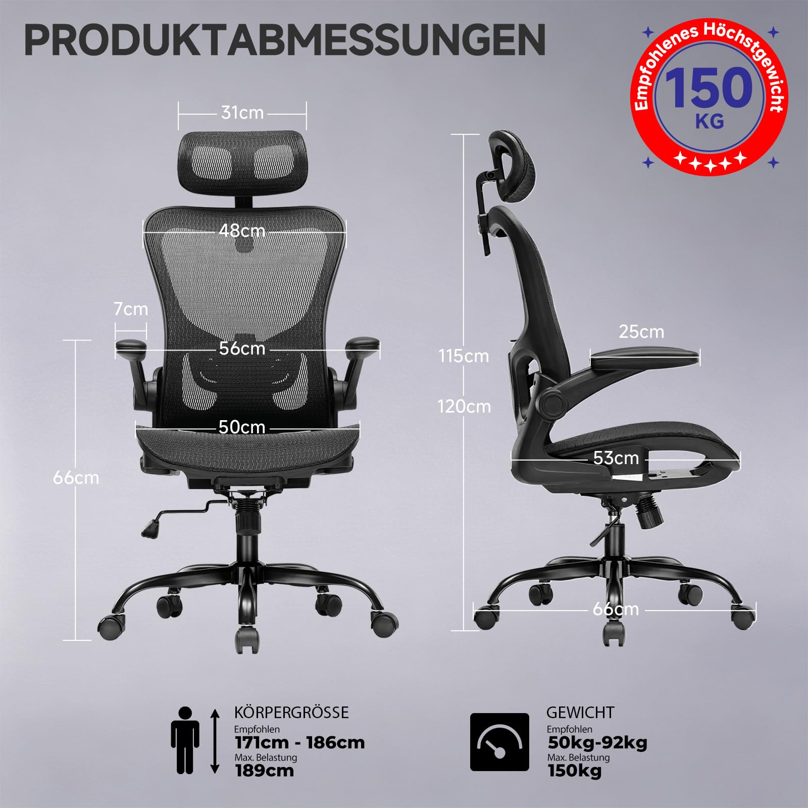 COMHOMA Bürostuhl, Schreibtischstuhl, ergonomischer Netzstuhl, mit doppellagigem Netzgewebe, atmungsaktiv, Adaptive Lendenstütze, verstellbare Kopfstütze, für Homeoffice, Drehstuhl 150 kg, Schwarz 2
