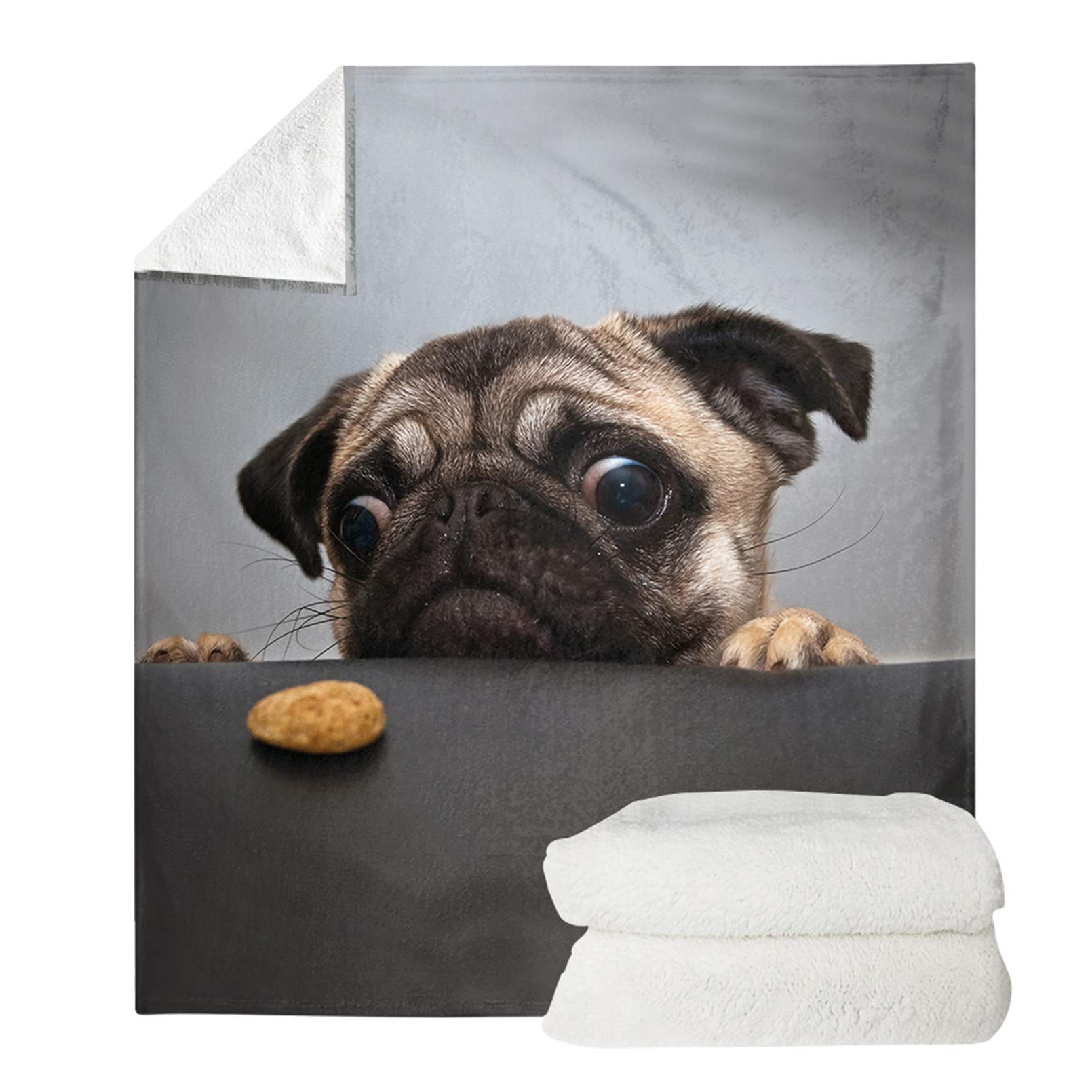 Pizding Plush Sherpa Blanket Throw Soft, Warm, Washable Adorable Pug Dog Print Blankets for Couch Sofa Bed Recliner Cozy Microfiber Blanket Gift for Women Men Kids 51.2x59.1 inch
