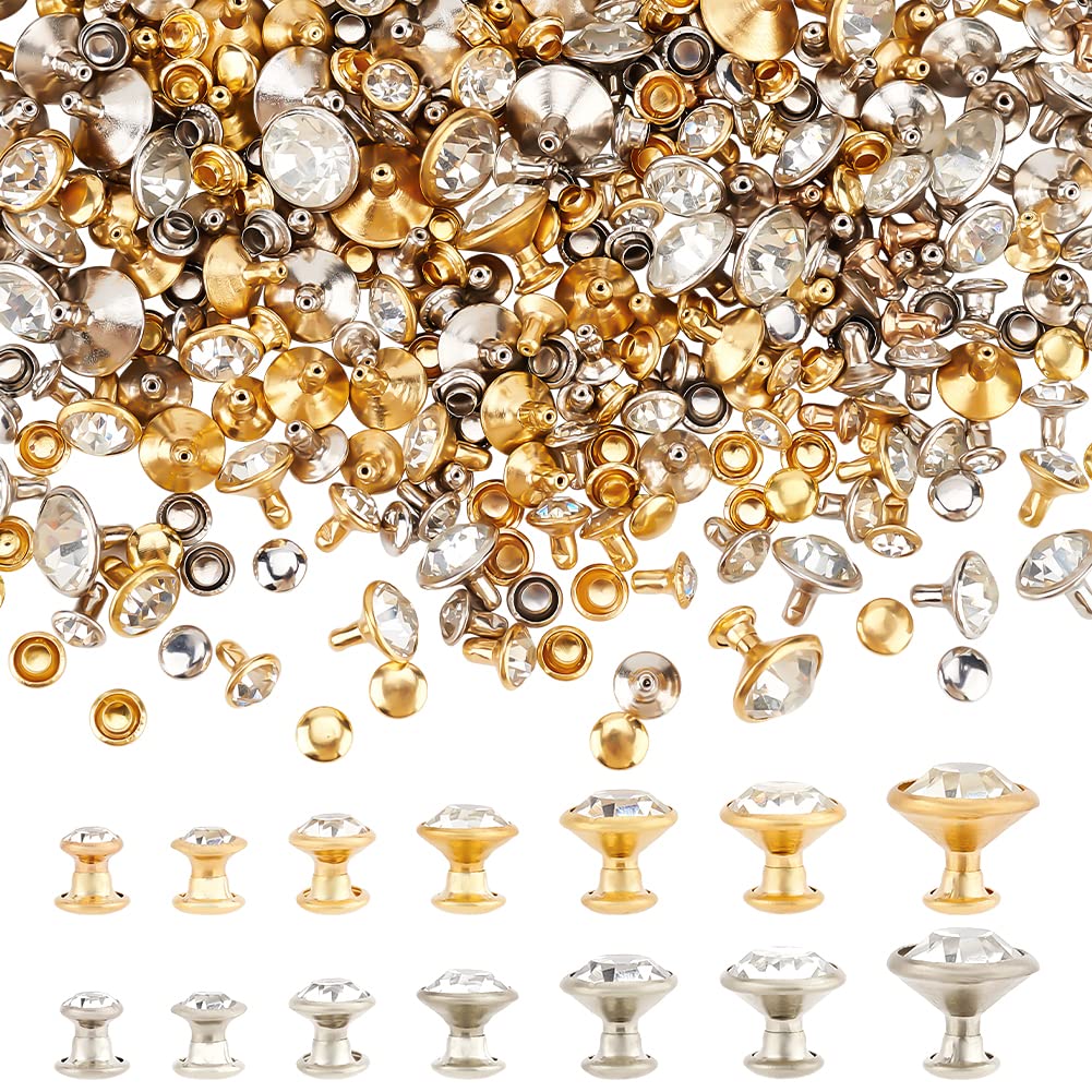 FINGERINSPIRE 280 Sets 7 Sizes Clear Rhinestone Rivets (5~11mm) Platinum & Gold Crystal Rivets Metal Double Cap Rapid Rhinestone Stud Rapid Rivets Studs for Leather Clothes Arts Crafts Decor