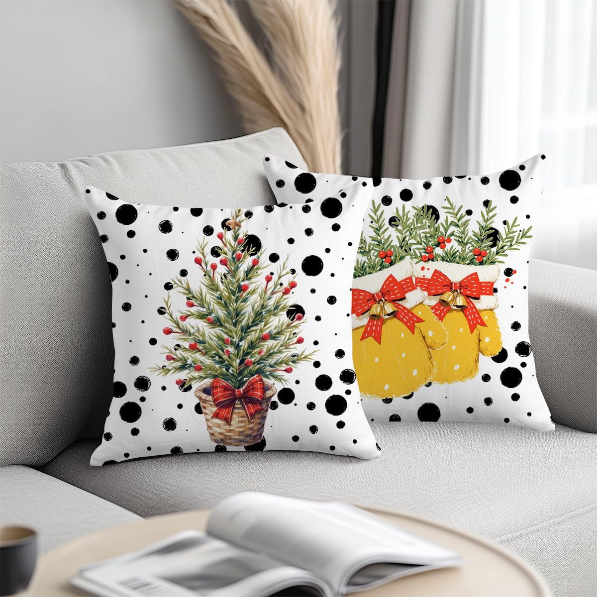 Photo 1 of 2 Pcs Christmas - Themed Throw Pillow Covers 18x18 Inch, Winter Mitten Throw Pillows Square Cushion Covers, Fir Tree Decorative Pillows for Couch Sofa Living Room Bedroom