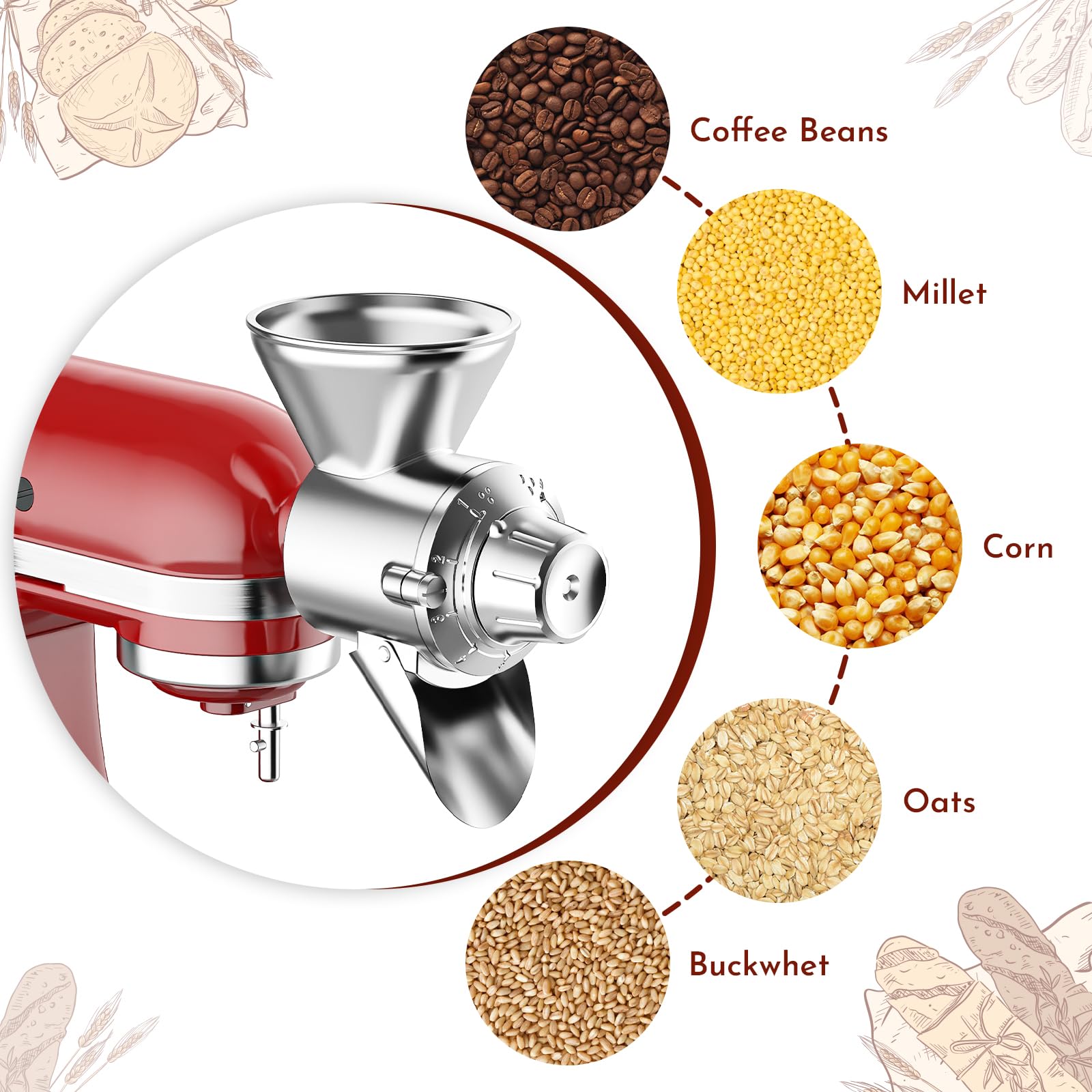 Grain Mill Attachment for Kitchenaid Stand Mixer, Flour Mill for Kitchenaid, Fit for Non-Oily Dry Grain Corn, Coffee Bean, Buckwheat, Oats, Millet, Wheat, Flour Mill Attachment by Cofun