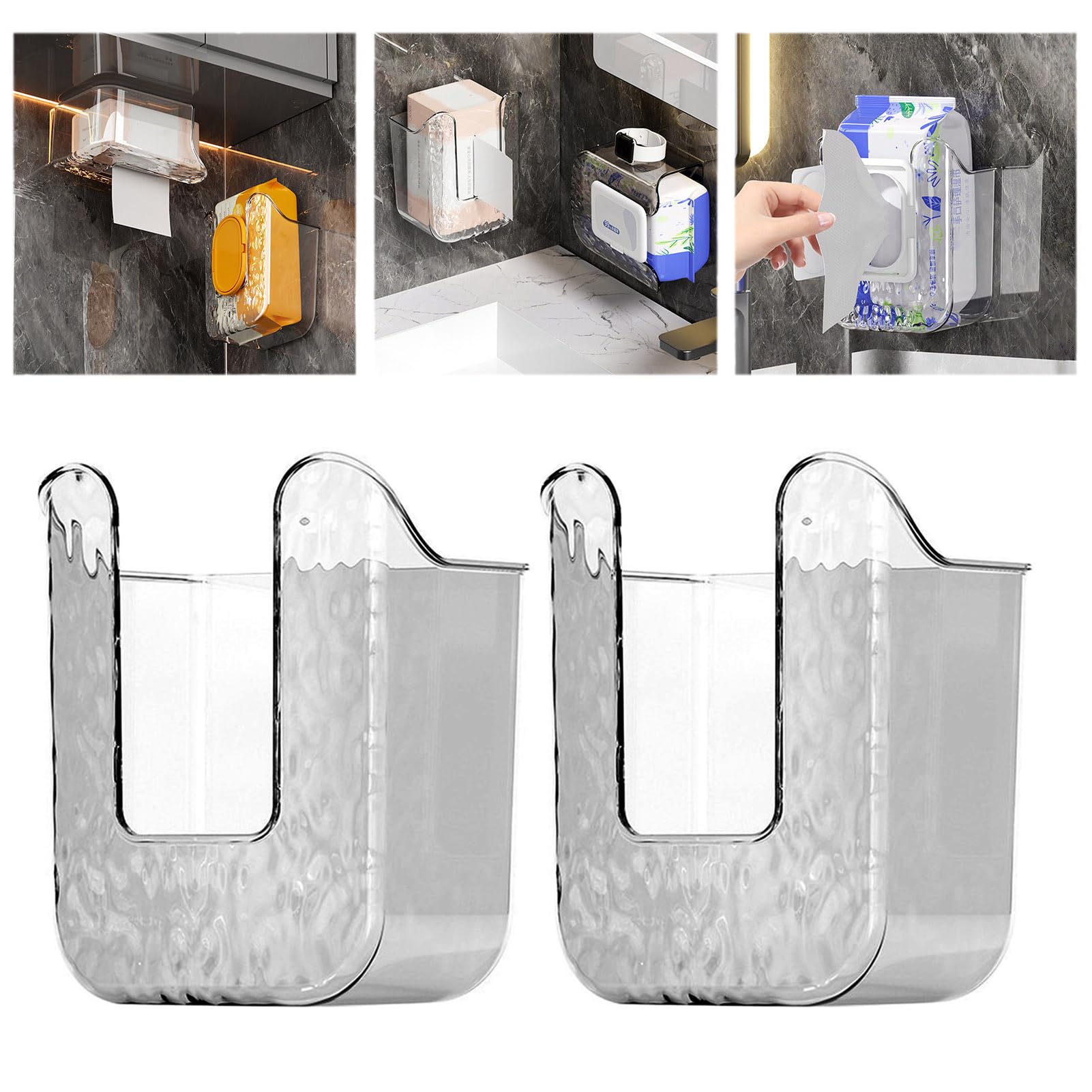 Photo 1 of 2 Pcs Wipes Dispenser, Container and Holder for Bathroom, Clear Wall Mounted Tissue Box Holder, Refillable Wipes Container Box for Kitchen (Clear Grey)