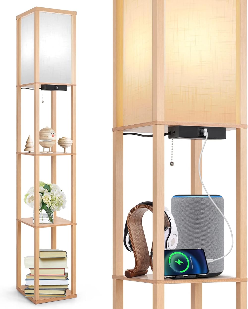 OUTON Floor Lamp with Shelves LED USB C Port 3 Color Temp Wood Shade