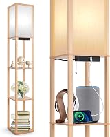 OUTON Floor Lamp with Shelves LED USB C Port 3 Color Temp Wood Shade