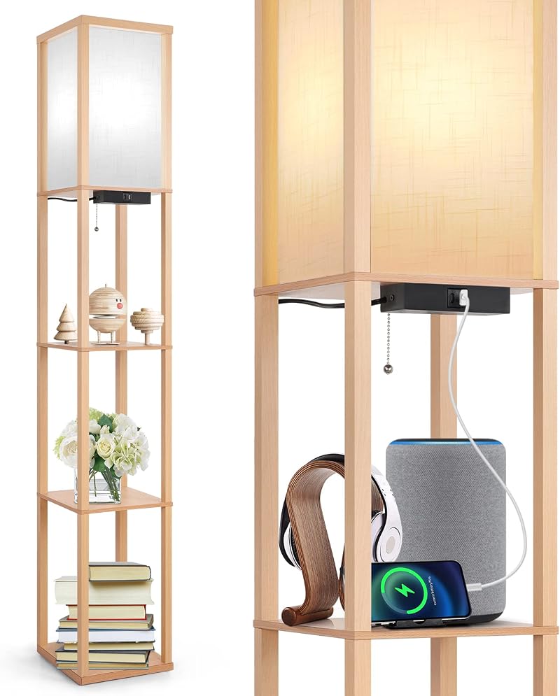 OUTON Floor Lamp with Shelves LED USB C Port 3 Color Temp Wood Shade