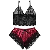 SOLY HUX Women's Plus Size Lingerie Set Spaghetti Strap Lace Trim Bralette and Shorts Sleepwear Pajama Set