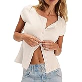 Womens Slim Fitted Shirts Short Sleeve Cardigan Button Down Blouses Y2k Ribbed Tops