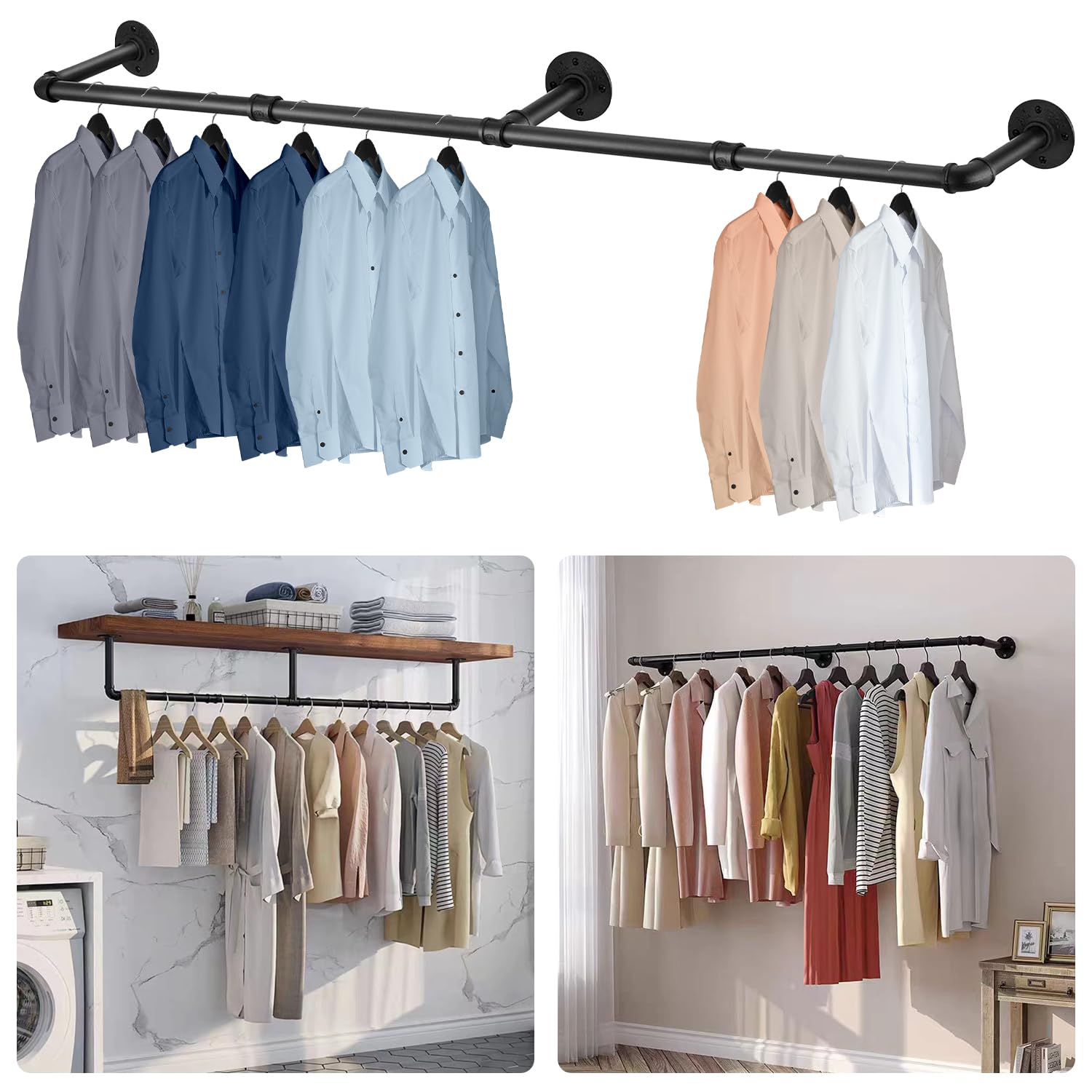 Lighterday 180cm Wall Mounted Clothes Rail Industrial Clothes Rail Metal Heavy Duty Clothes Rail Detachable Hanging Rails for Clothes Tidy Rail for Bedroom Cloakroom (180CM)