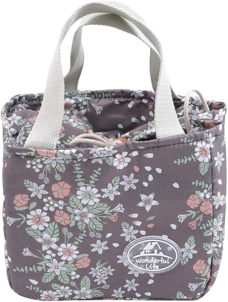 VWH Women Lunch Bag Small Flower Print Lunch Bag Shrinkable Lunch Bag with Handle(E)