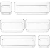 primebox Six Pieces - Clear Plastic Drawer Organizer Bins - Stackable, Non-Slip, 3 Sizes