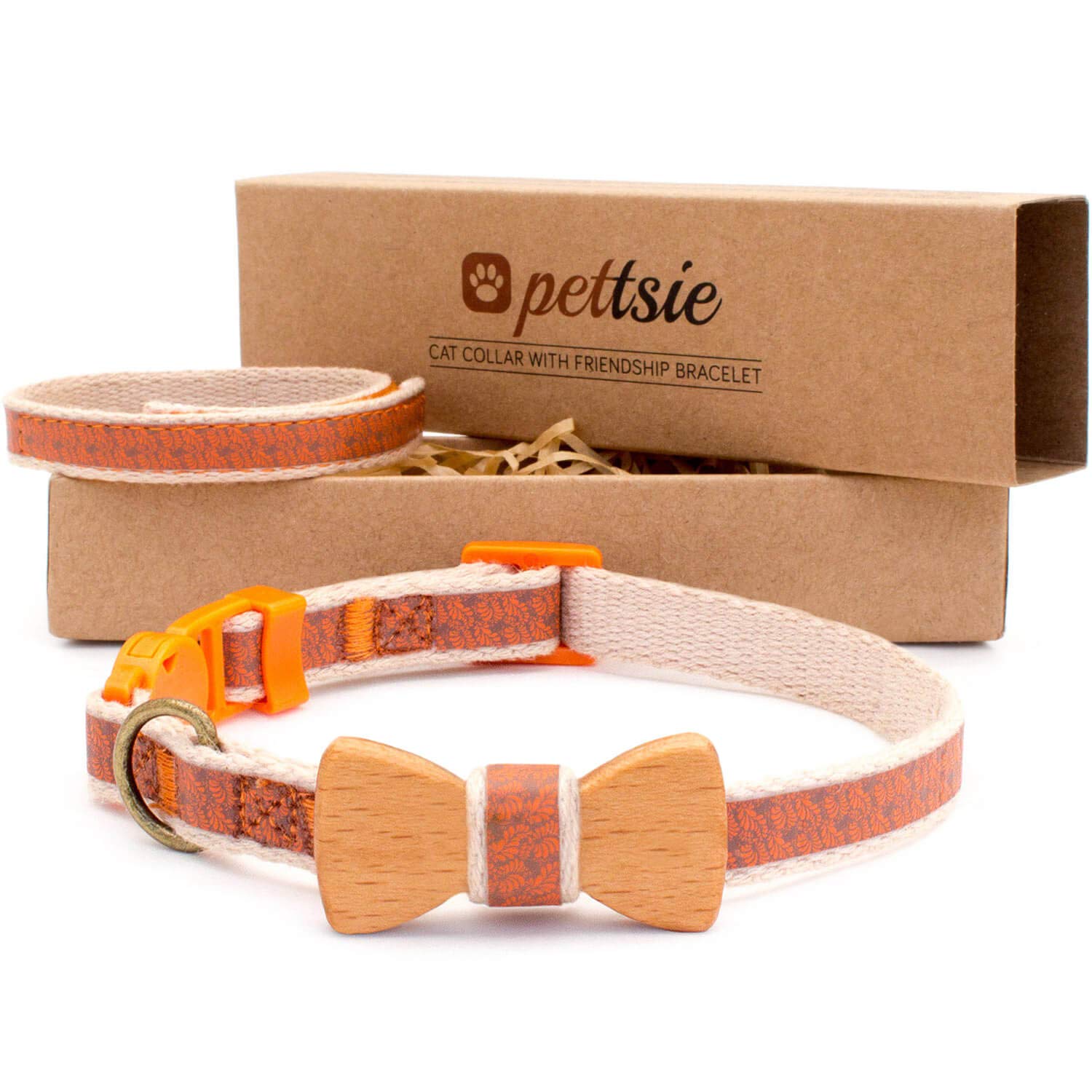 Pettsie Breakaway Cat Collar with Bow Tie and Matching Bracelet–Adjustable Cotton Kitten Collar with Safety Buckle for Cats and Small Pets–Cute Cat Gift for Cat Lovers, 20.3-28 cm, Orange