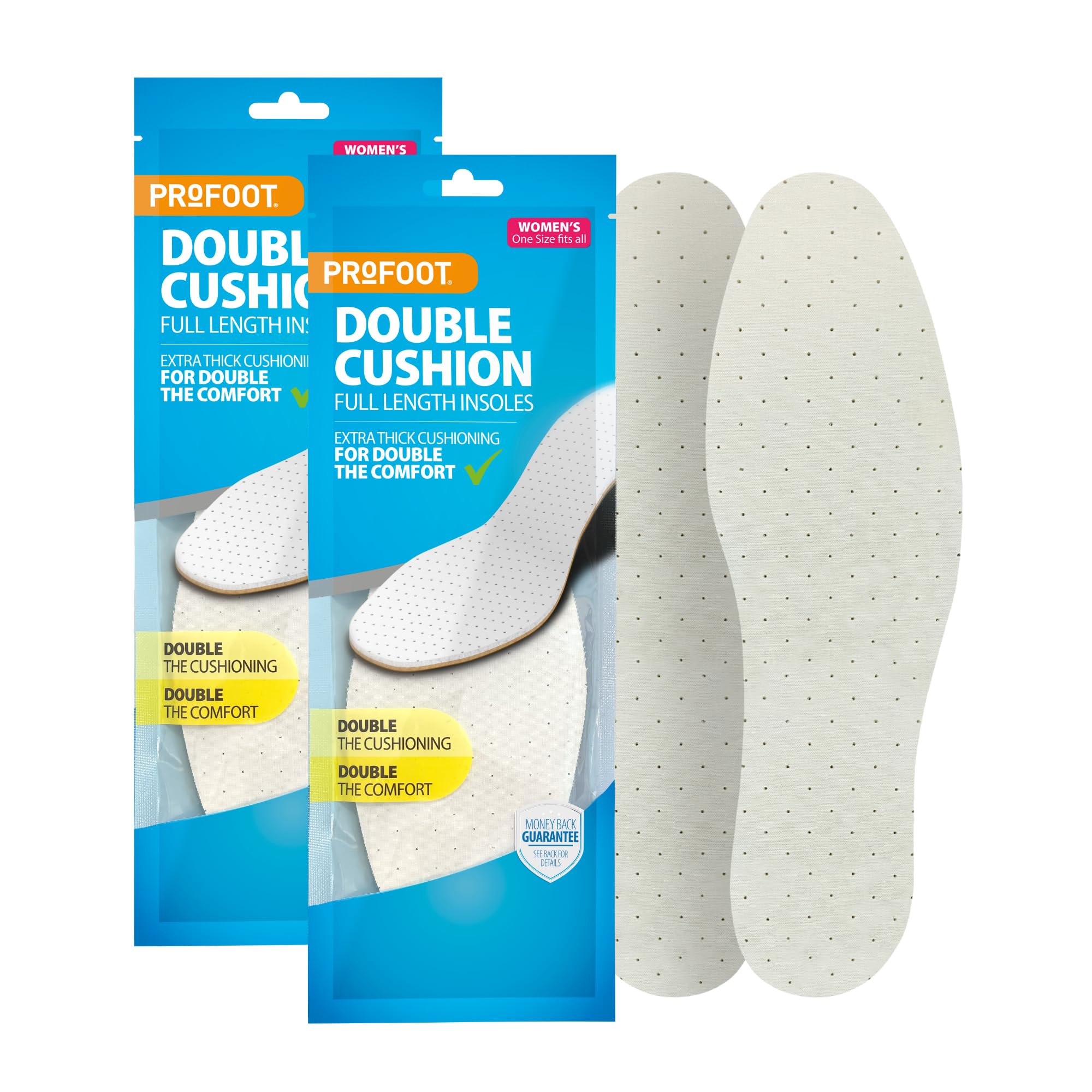 Profoot Insoles for Women, Double Cushion Full Length Shoe Inserts with Extra Thick Cushioning, Double Layer Insole for Everyday Comfort, Promotes Better Airflow, Trim to Fit, One Size, 2 Pairs
