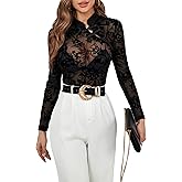 WDIRARA Women's Floral Print Mock Neck Long Sleeve Top Sexy Sheer Mesh Party Top
