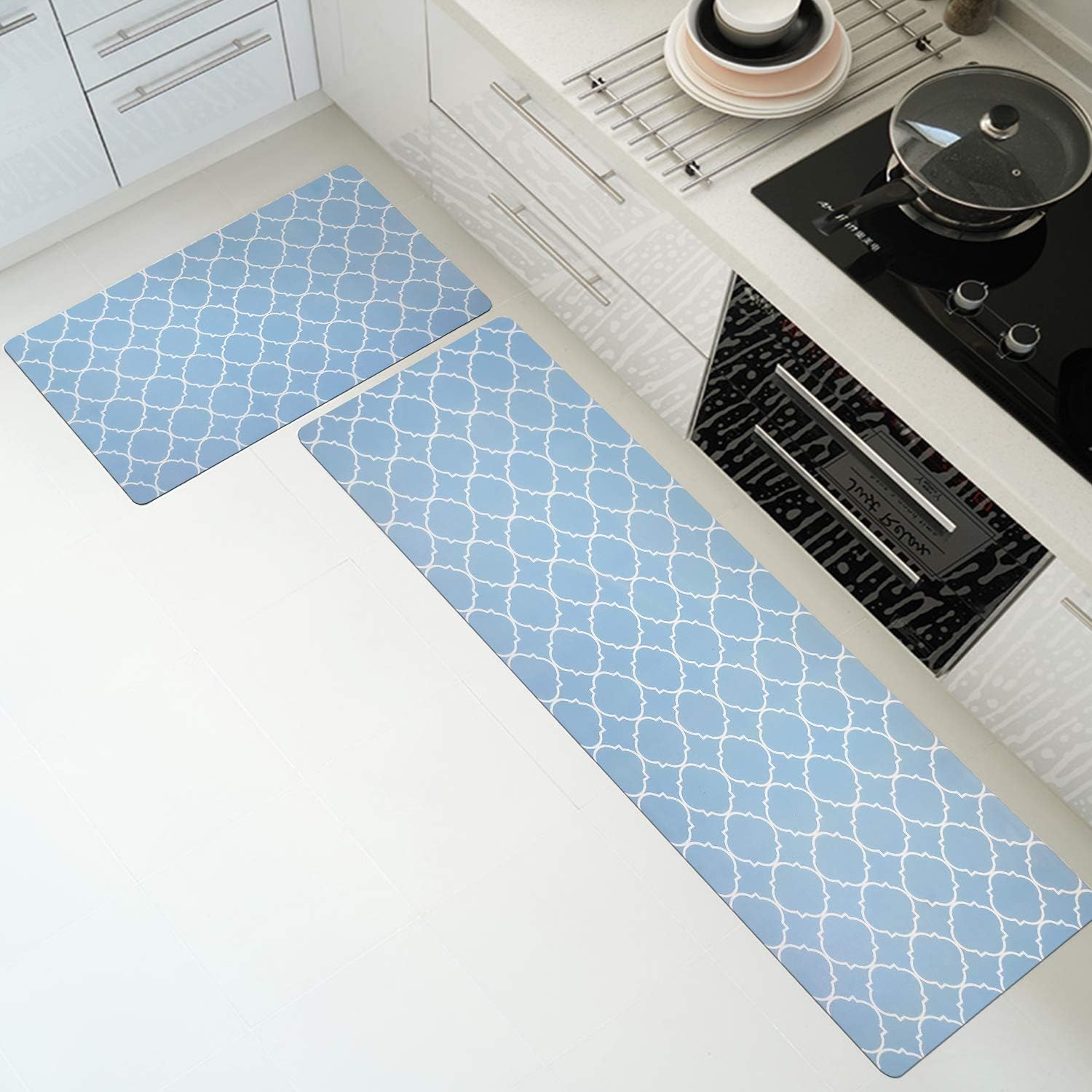 Amazon Com Ustide Blue Kitchen Rugs Set Of 2 Pieces Non Slip Washable Kitchen Rugs And Mats Set Moroccan Trellis Kitchen Rug And Runner Set Entry Rug Runner Floor Carpet Set 20 X31 5 20 X48 Light