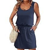 AUSELILY Summer Dresses for Women 2026 Casual Sleeveless Drawstring Waist Beach Cover up Mini Short Dresses with Pockets