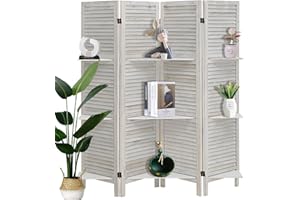 ECOMEX Room Divider 4 Panel, White with Shelves, Wall Dividers and Folding Privacy Screens, Portable Room partitions for Bedroom, Home Office, Studio (White)