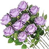 Kenpal Realistic Fake Roses Artificial Flowers with Stem for Decoration Floral Arrangement Centerpieces Wedding Bouquets (10, Lavender)