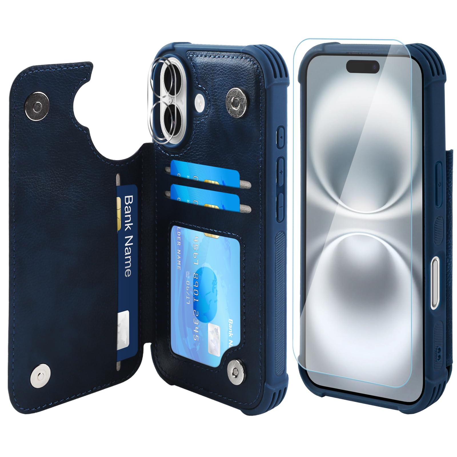 VANAVAGY Compatible for iPhone 16 Plus Wallet Case with Credit Card Holder,Rfid Leather Flip Folio Phone Cover Fits Magnetic Car Mount and Stand with Screen Camera Protector,Navy blue