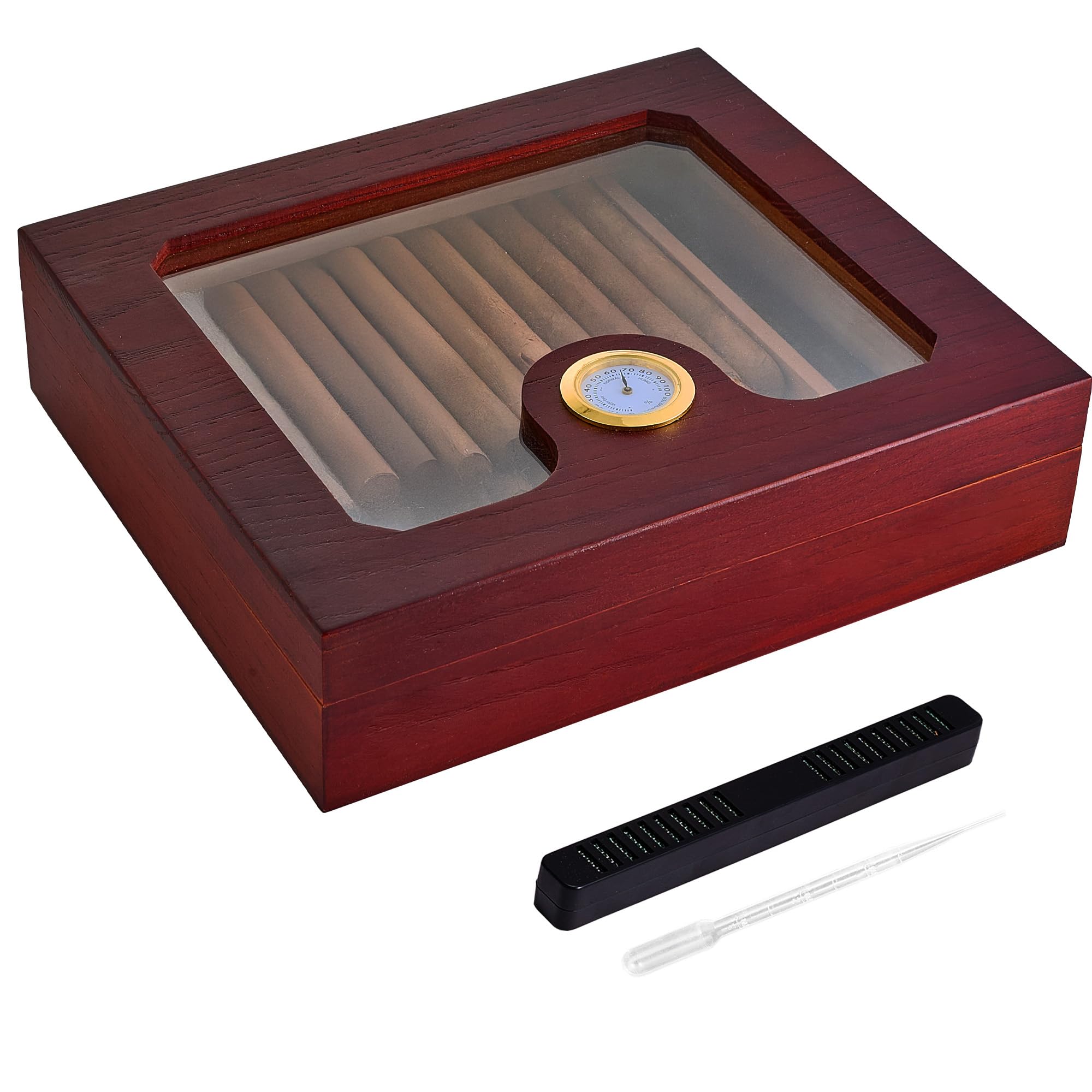Photo 1 of Somduy Cigar Humidor for 25-30 Cigars with Humidifier and Hygrometer,Desktop Cedar Wood Cigar Box Storage Case with Divider, Glass for Men,Reddish Brown