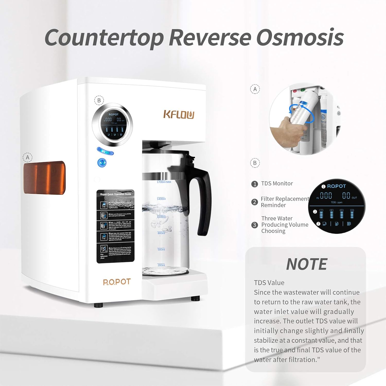 KFLOW Reverse Osmosis Water Filtration System, Countertop RO Water Filter, Double RO Tech Water Purifier with Filter Life, TDS Monitor, 0.0001 Micron Precise Filtration (KFL-TDS-180): Industrial & Scientific