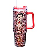 Spoontiques Betty Boop 40oz Glitter Acrylic Travel Mug - Double Wall Acrylic with Sliding Lock Travel Lid and Straw - 11" Tall