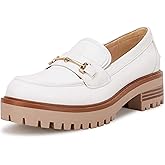 VETASTE Womens Lug Sole Platform Mid Chunky Heel Loafers Classic Round Toe Slip On Office Uniform Oxfords Shoes with Metal Chain