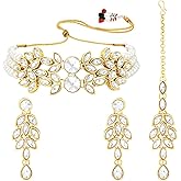 Aheli Bridal Crystal Pearl Choker Necklace with Drop Earrings Indian Traditional Bollywood Jewelry Set Gift for Women