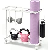 Rolling Home Gym Storage Rack with Adjustable Holder, Tower Bar &amp; Hooks | Slim Workout Equipment Storage Organizer for Yoga Mat, Dumbbells, Kettlebells, Smooth &amp; Lockable Casters, Easy Assembly