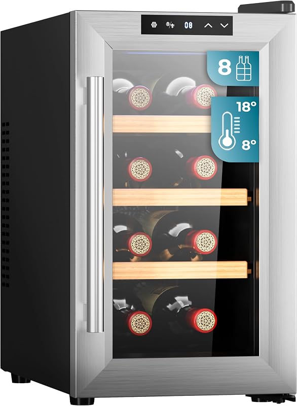 Enoteca 8 bottiglie Bolero GrandSommelier 830 CoolWood, Termoelettrica, Basso livello sonoro e alte prestazioni, Temperatura regolabile: 8-18 °C, Pannello di controllo touch, Display,