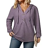 VISLILY Womens-Plus-Size-Hoodies Button V Neck Lightweight Knit Sweaters Casual Long Sleeve Tops Drawstring Hooded Sweatshirt