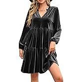 R.Vivimos Womens Fall Winter Velvet Tunic Dress 2026 Long Sleeve V Neck Casual Loose Tiered Ruffle Mini Dress
