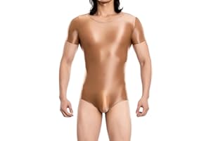 FEOYA Men Shiny Oil Glossy Bdoysuit One Piece Short Sleeve Silky Leotard Jumpsuit Romper