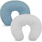 Hooyax Muslin Nursing Pillow Covers 2 Pack, Soft and Breathable Nursing Covers for Breastfeeding Pillows, Adorable Infant Feeding Pillow Slipcover for Baby Boy and Girls (Blue Grey)