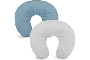 Hooyax Muslin Nursing Pillow Covers 2 Pack, Soft and Breathable Nursing Covers for Breastfeeding Pillows, Adorable Infant Feeding Pillow Slipcover for Baby Boy and Girls (Blue Grey)