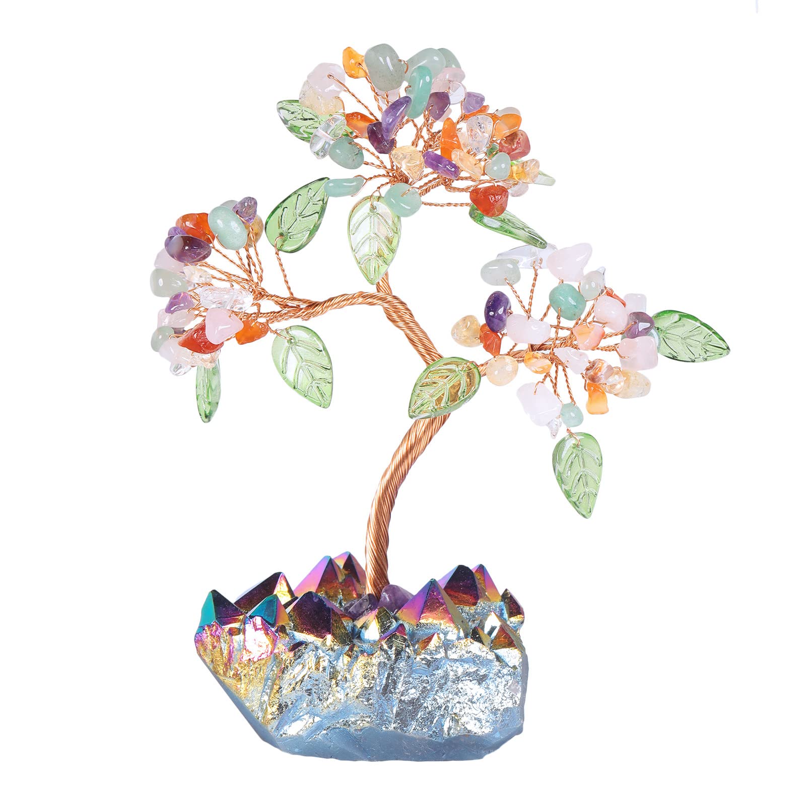 mookaitedecor Mixed Crystal Tree of Life with Rainbow Titanium Quartz Crystal Base Feng Shui Ornament Good Luck Crystal Colourful Room Decor, Gemstone Bonsai Money Tree Rainbow Aura Quartz Gift