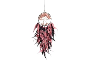 Pretty Jolly Aqua Red Tree of Life Dream Catcher Wall Decor with Healing Crystal Stone Handmade Red Black Feather Dream Catchers Decoration Wall Hanging Bedroom Room Wedding Party Wish Gift-25.6"