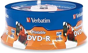 Verbatim DVD-R 4.7GB 16X White Inkjet Printable with Branded Hub, 25-Disc