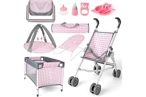 deAO Baby Doll Stroller Crib Bed Nursery Role Play Set Baby Doll with Accessories and Play Mat,Travel Cot,Bouncer,Foldable Stroller and Travel Bag Gifts for Toddlers Girls Boys
