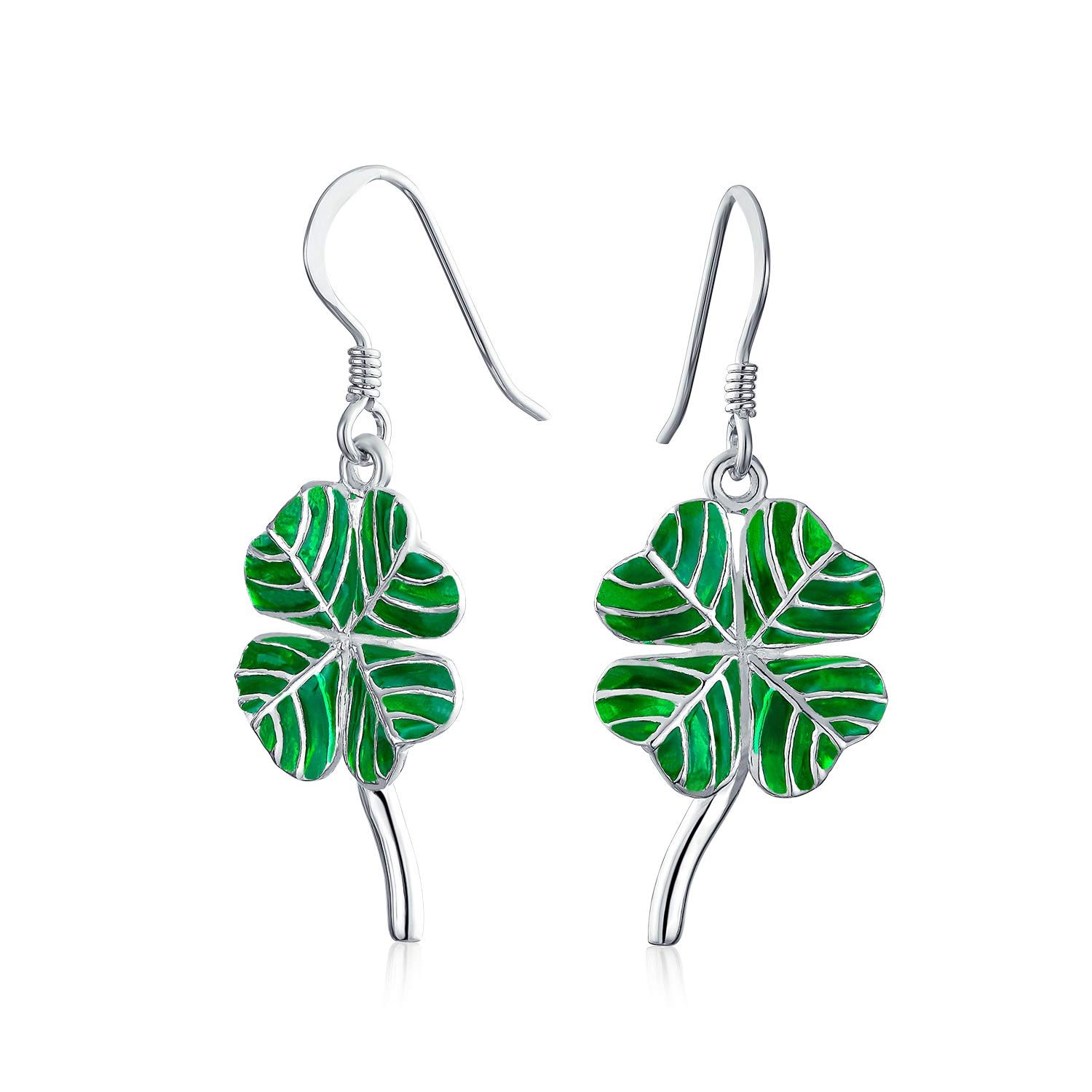 Green Enamel Shamrock Lucky Four Leaf Clover Irish Celtic Dangling Earrings For Women Teens .925 Sterling Silver Fish Wire — image 1