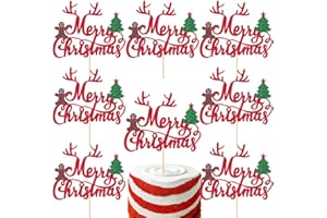 JATOMSSM 8 Pack Reindeer Merry Christmas Cake Topper Glitter Xmas Theme Cake Decoration Winter Elk Gingerbread Man Christmas Tree Design Cupcake Picks Holiday Friends New Years Party Supplies Red Green