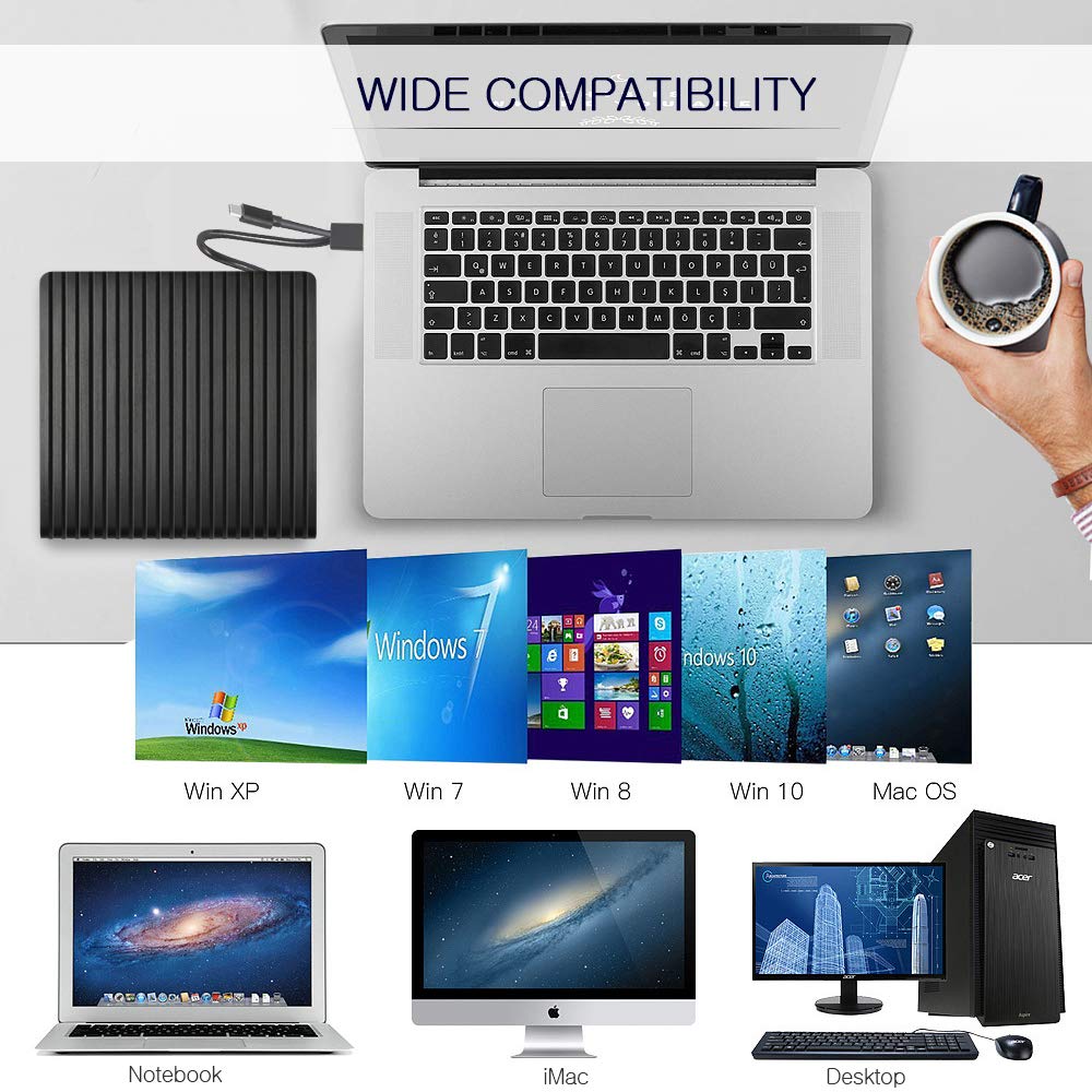 Lecteur de CD/DVD Externe, USB 3.0 Type C Double Port - AMIGIK Graveur d\'enregistreur Optique Portable, Transfert de Données à Grande Vitesse pour Ordinateur Portable PC Mac OS Windows Linux