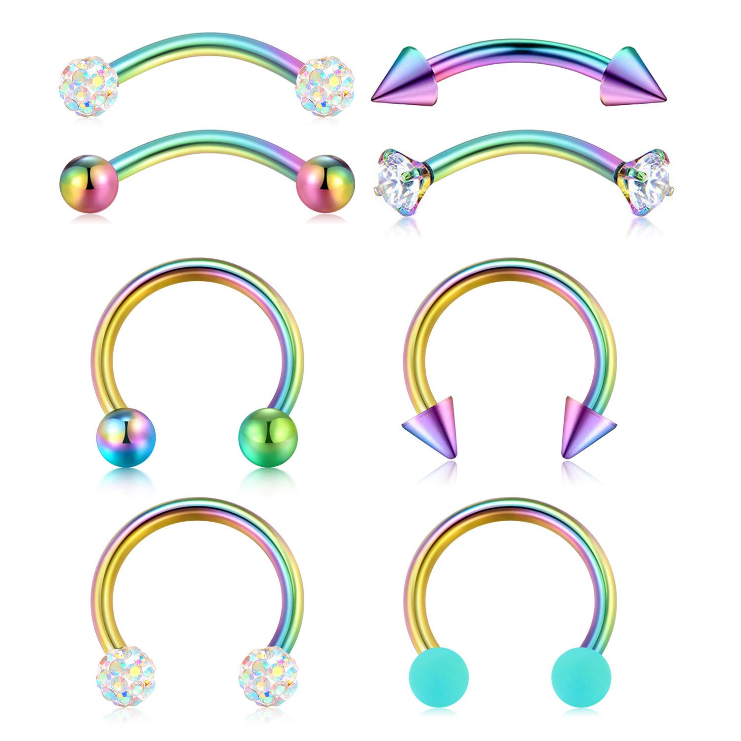 Mayhoop 8Pcs Surgical Steel Septum Rings Rook Earrings Eyebrow Piercing16G CZ Tragus Helix Earrings Body Piercing Jewelry for Women Men Rainbow
